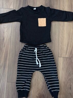 Kids Black Striped Jogger Set with Tan Pocket
